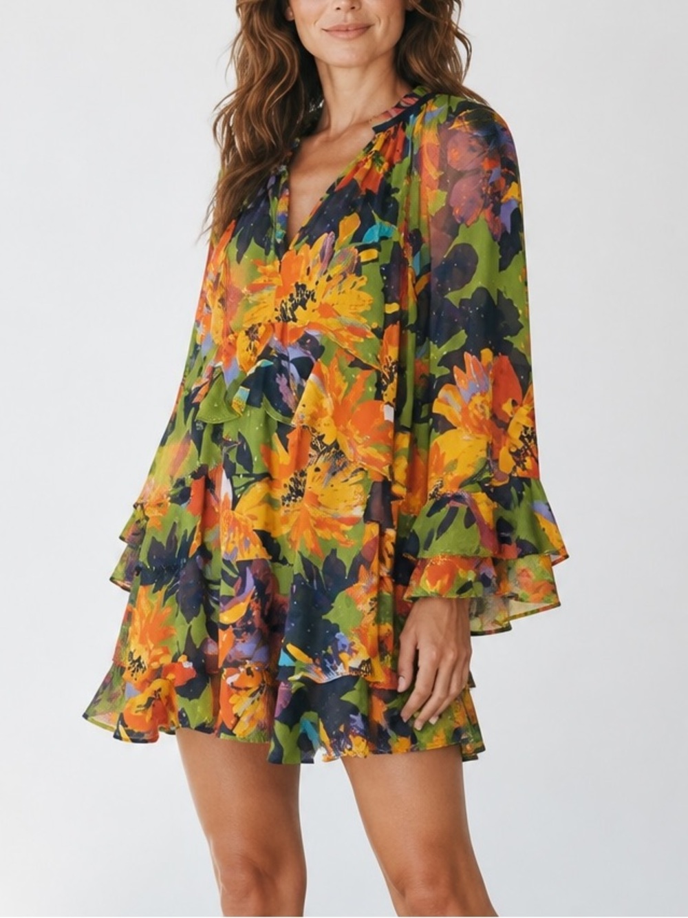 The White Lotus +Aqua Floral Long Sleeve Frilly Dress - Green, Orange, Purple